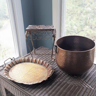 Lot #B3 Vintage Home Decor Lot - Hammered Copper Bowl, Decorative Tray, & Metal Stand