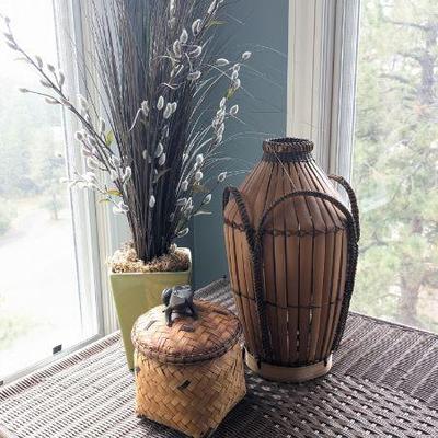 Lot #B2 - Decorative Home Accents Lot - Bamboo Vase, Faux Plant, Woven Storage Box