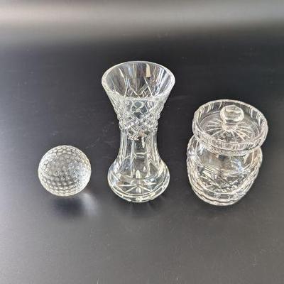 Lot #B129 - Waterford Crystal Vase, Preserves Pot, and Paperweight