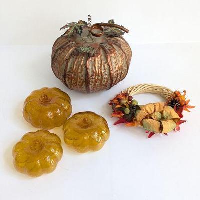 Lot #B153 - Decorative Fall Collection - Metal Pumpkin, Villeroy & Boch Glass Gourds & Floral Wreath