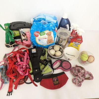 Lot #B106 - Pet Supplies Variety Lot - Harnesses, Toys, Grooming Kit, Bowls & More