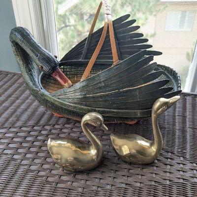 Lot #B6 - Decorative Duck and Swan Collectors Lot - Vintage Basket and Brass Figurines