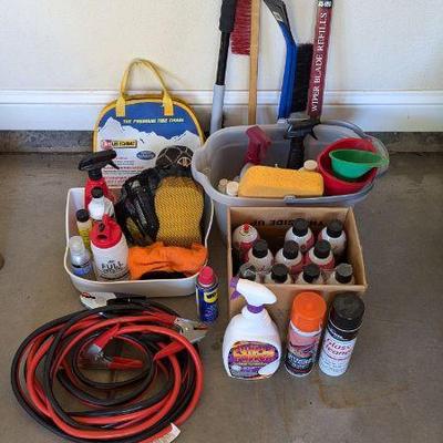 Lot #B191 - Car Care Automotive Maintenance and Cleaning Supplies Lot - Tire Chains, Wax, Cleaners, and Accessories