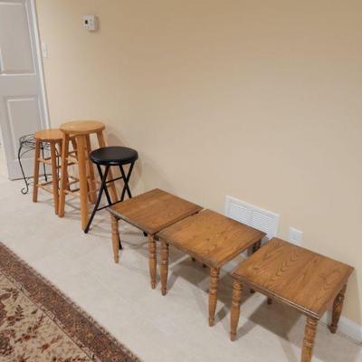 Stools, oak end tables, plant stand $8ea