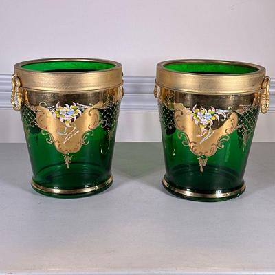 (2pc) PAIR MURANO STYLE GLASS BUCKETS | Green Murano-style glass buckets with gilt decoration & floral relief. - h. 9.25 x dia. 7.5 in

