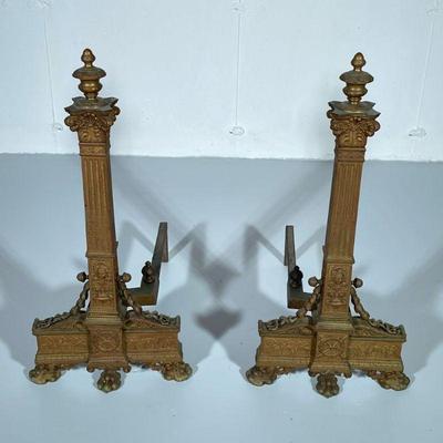 EARLY 20th CENTURY ANDIRONS | Brass & cast iron andirons. - h. 26 x w. 12 x l. 20 in

