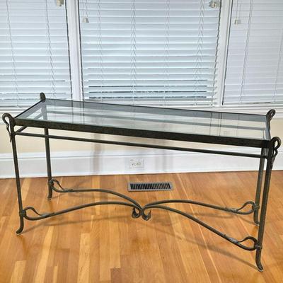 METAL & GLASS SIDE TABLE | Having beveled glass top over x-stretcher. - h. 30 x w. 18 x l. 57 in

