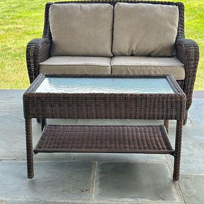 (2pc) SONOMA CORTENA WICKER OUTDOOR SOFA & TABLE | Sonoma Cortena Collection patio furniture including: wicker 2 cushion loveseat and...