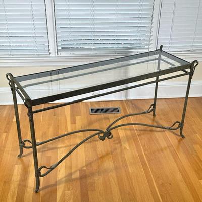 GLASS TOP SIDE TABLE | With beveled glass top over metal frame. - h. 30 x w. 19 x l. 57 in


