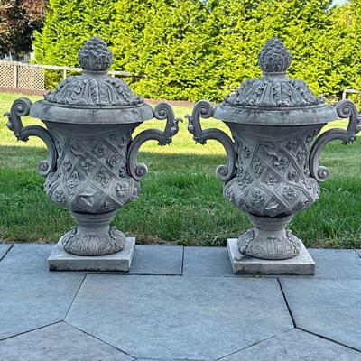 (2pc) PAIR CONCRETE URNS | Pair of large concrete urns with pineapple top. - h. 30 x w. 14 x l. 22 in

