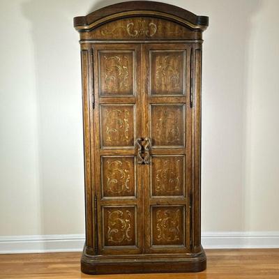 DREXEL HERITAGE CARVED WOOD WARDROBE | Painted panel doors with full-length mirror, 5 interior drawers, shelves, and brass hardware,...