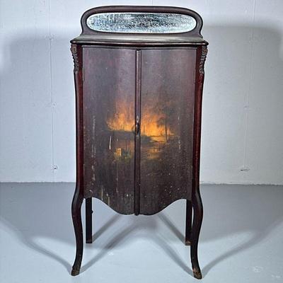 ANTIQUE PAINT DECORATED FILING CABINET | Having painted front with connected doors, 5 burlwood veneer shelves and cabriole legs. - h. 44...