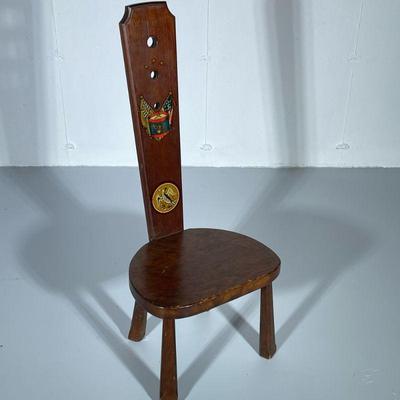 ANTIQUE SPINNING CHAIR | Having painted colonial designs on back with carved back & legs. - h. 37 x w. 13 x l. 16.5 in


