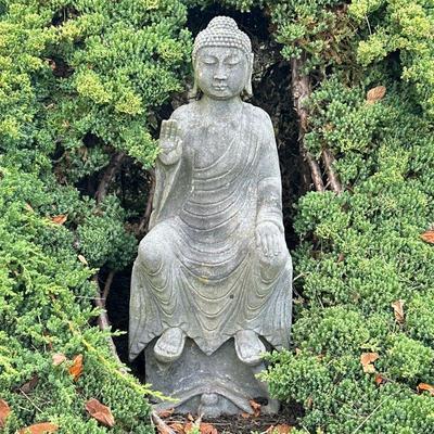 BUDDHA GARDEN STATUE | Concrete Buddha garden statue. - h. 26.5 x w. 7 x l. 10.5 in

