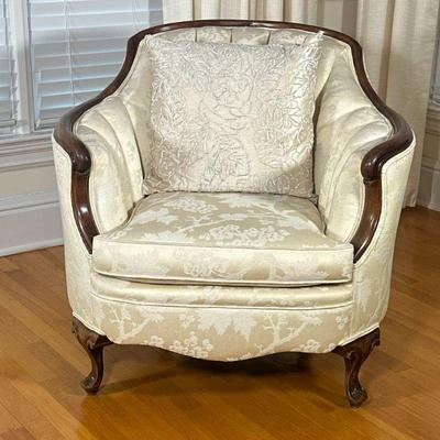 ANTIQUE CURVED ARMCHAIR | Antique Victorian armchair with curved and tufted back & arms over carved cabriole legs. - h. 32 x w. 35 x...