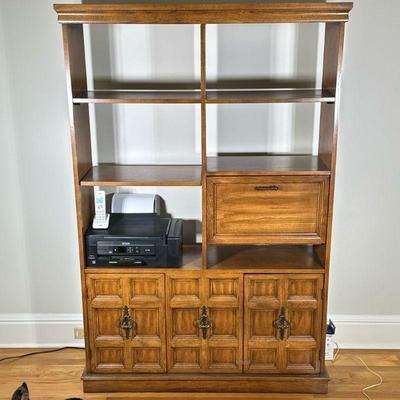 WOOD SHELVING UNIT | Having 6 split-width shelves with fold down cabinet over 2-door central cabinet. - h. 72 x w. 15 x l. 48 in

