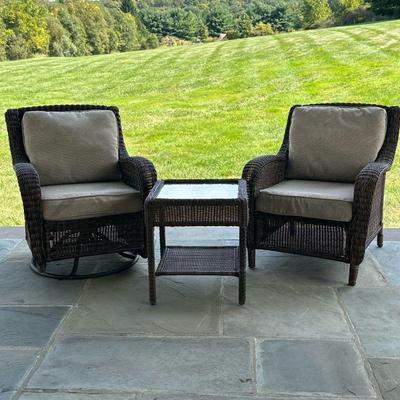 (3pc) SONOMA CORTENA WICKER ARMCHAIRS & SIDE TABLE | From Sonoma Cortena Patio Collection, including: wicker armchair on rotating...