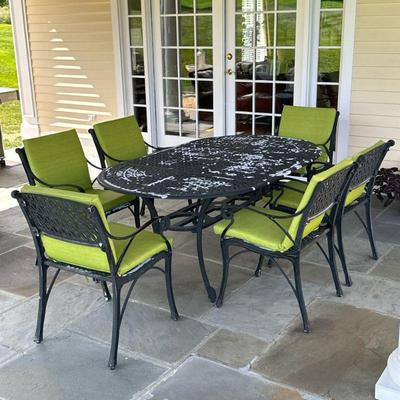 (7pc) OUTDOOR DINING SUITE | Including: dining table & 6 armchairs, cast aluminum construction with cabriole legs. - h. 29.5 x w. 44...