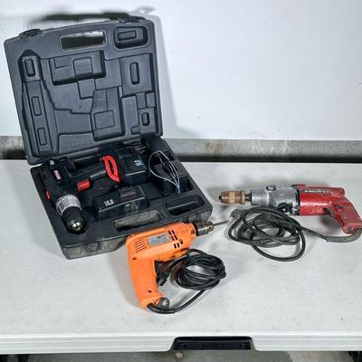 (3pc) ELECTRIC DRILLS | Including: corded Hilti Hammer drill, corded Chicago electric drill, and Craftsman 16.8V 3/8” cordless...