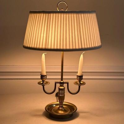 FREDERIC COOPER BRASS LAMP | Turned brass desk lamp having 2 candlesticks. - h. 20 x w. 9.5 x l. 13 in

