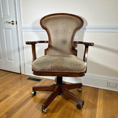 BOMBAY CARVED OFFICE CHAIR | Bombay Furniture carved rolling office chair with curved back & arms. - h. 40 x w. 22 x l. 27 in

