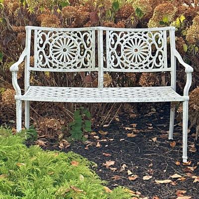 WHITE OUTDOOR BENCH | Painted white aluminum outdoor bench with double rounded back. - h. 31 x w. 17 x l. 45 in

