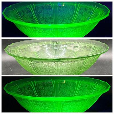 Jeannette Cherry Blossom Green Uranium Glass 8.5” Glowing in 395nm & 365nm Ultraviolet Light
