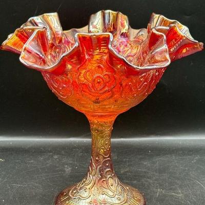 Fenton Red Persian Medallion Carnival Glass Crimped Ruffled Compote
