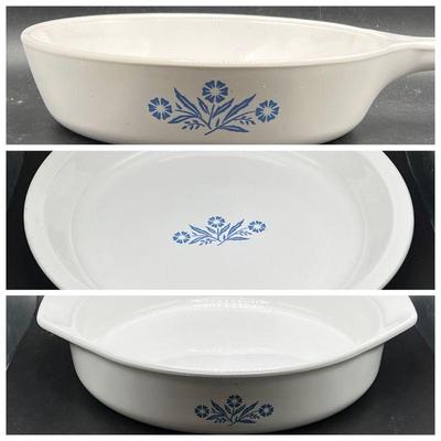 (3) Vintage Corning Ware Cornflower Blue Pie Plate, Casserole & Fry Pan
