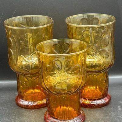 (3) Vintage 70's Retro Libbey Amber Country Garden Daisy Pattern Glasses
