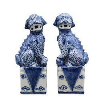 Pair of Blue and White Chinoiserie Foo Dogs