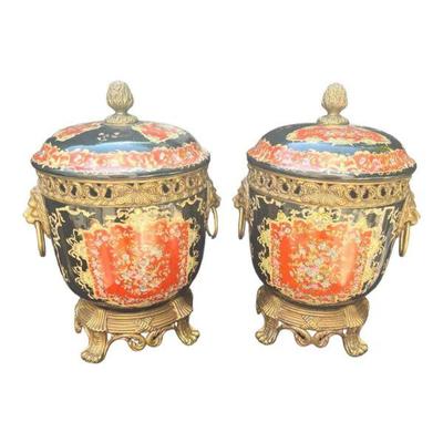 Castiglia Pair of Bronze and Porcelain Vases or Urns
