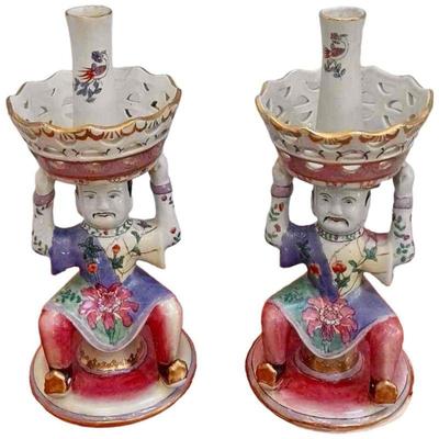 Tobacco Leaf Hand Painted Candle Holders Pair, Style of Mottahdeh

