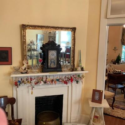 Clock, mirror, Christmas ornaments 