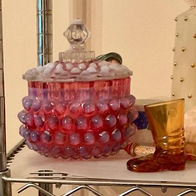 Opalescent hobnail covered dish, amber glass boot
