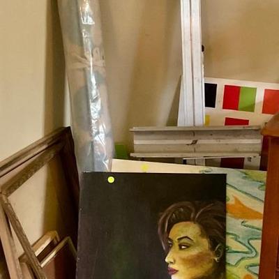 Art pieces, metal easel, frames