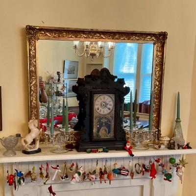 Candelabras, mirror, clock, Christmas ornaments 