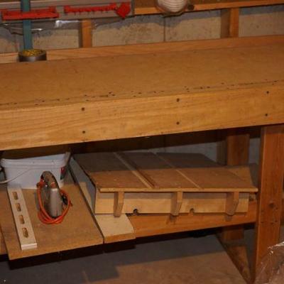 Nicely made hand crafted work bench with wood vise and notches 