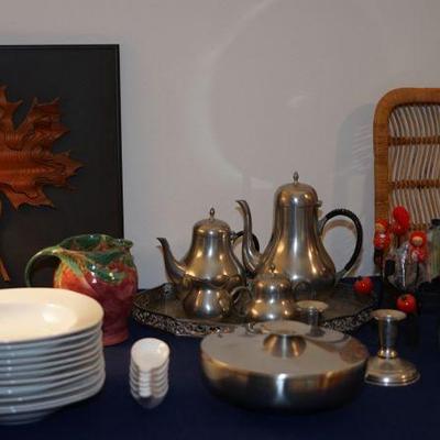 Pewter coffee service and stainless Danish style serving pieces ,also teak trays w/ condiment dishes