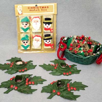 Ng037 vintage cast iron holly candle holders matches