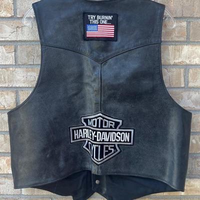 Biker's Choice Size 46 Leather Vest With Harley-davidson And Try Burnin' This One Patches