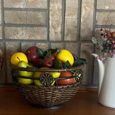 Metal & Rattan Basket With Faux Fruit, Portugal Hand Painted Grape Pitcher, & White Pitcher With Faux Berries