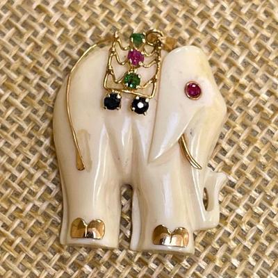 14k Gold And Semi Precious Stone Carved Bone Elephant Pendant