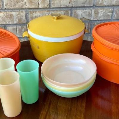Vintage Tupperware Orange Storage Containers - Bowls - Cups & Sun Frost Yellow Ice Bucket With Lid 