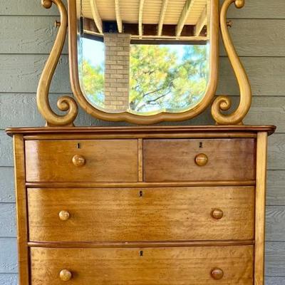 Antique Birdseye Maple 4 Drawer Mirrored Dresser With Dovetail Drawers