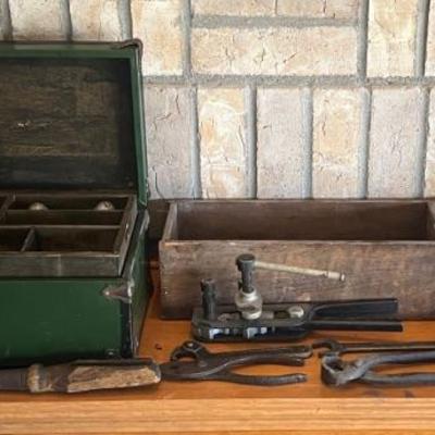 Vintage Wooden Tool Box With Insert, Assorted Vintage Hand Tools - Pliers, Planer, Wrenches