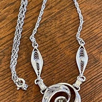 Vintage Ann Lee Sterling Silver Filigree And Clear Stone 16 Inch Pendant Necklace  8.8 Grams 
