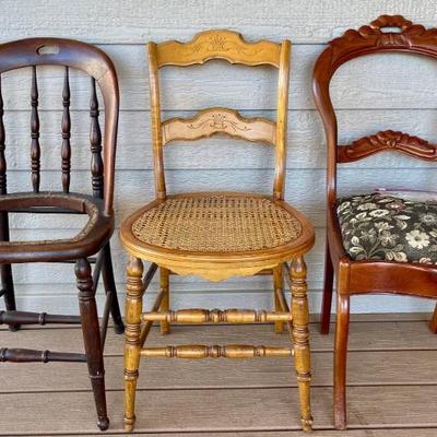 3 Antique Side Chairs - Windsor Chair (as 9s) Maple Cane Seat Ladder Back Chair & Walnut Carved Back (as Is) 