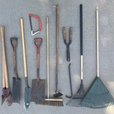 Hand Took Lot - Shovels, Post Digger, Rakes, Hand Saw, Shop Broom, Crowbar 