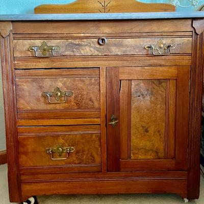 Antique East Lake Commode With Marble Top And Burl Walnut Front Knapp Joint